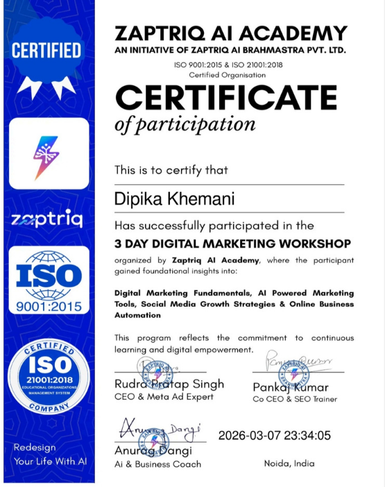 Digital Marketing Workshop Certificate